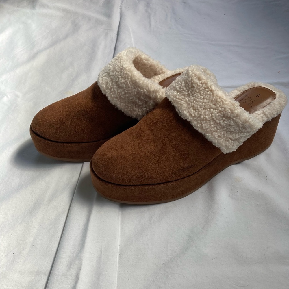Time and Tru Brown Faux Suede Mules with Cream Lining